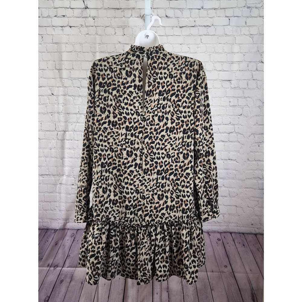 Asos Women's High Ruffle Neck Long-sleeve Leopard Tiered Mini Dress 6 - Picture 4 of 8